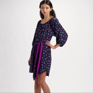 Rebecca Taylor Purple Blue Floral Silk Puff Sleeve Belted Dress Size 6
